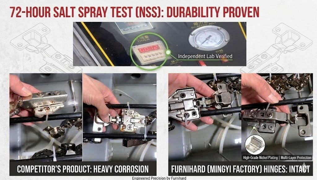 Rigorous 72-hour salt spray test (NSS) result comparing rust resistance of Furnihard hinges vs competito