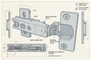 Engineering technical drawing of hydraulic hinge showing precise dimensions