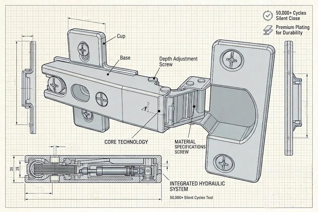 Engineering technical drawing of hydraulic hinge showing precise dimensions
