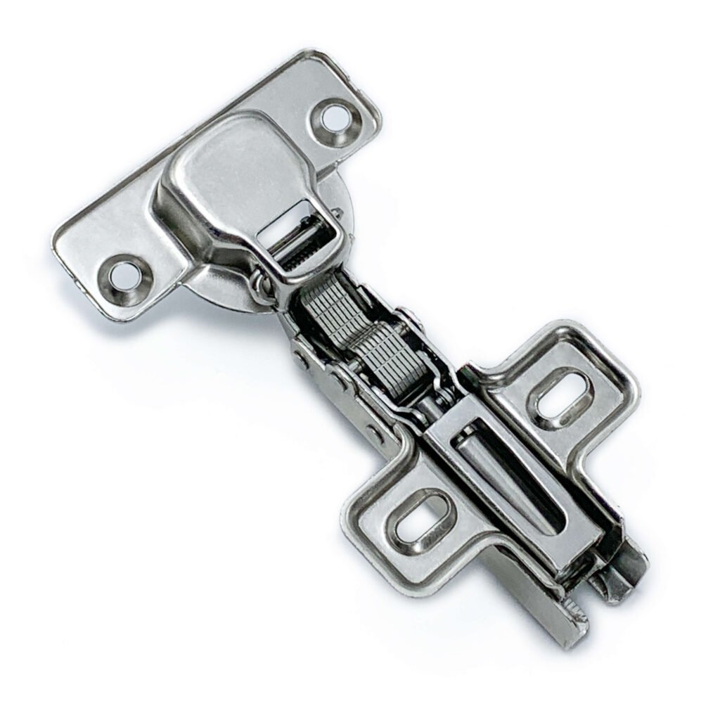 Half overlay soft-close furniture hinge for volume-produced flat-pack wardrobes in bulk