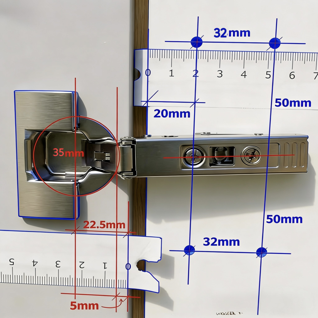 Especificações técnicas e medição precisa de dobradiça de caneco 35mm