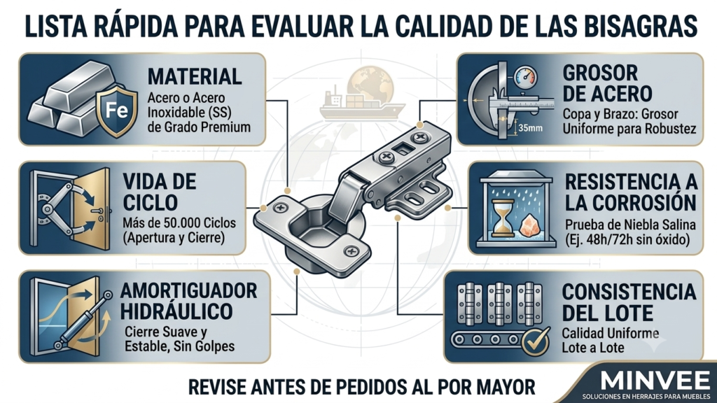 Lista de verificación para evaluar la calidad de bisagras para muebles