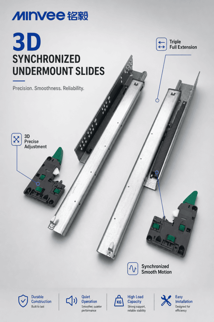 MINVEE 3D synchronized full extension undermount drawer slides