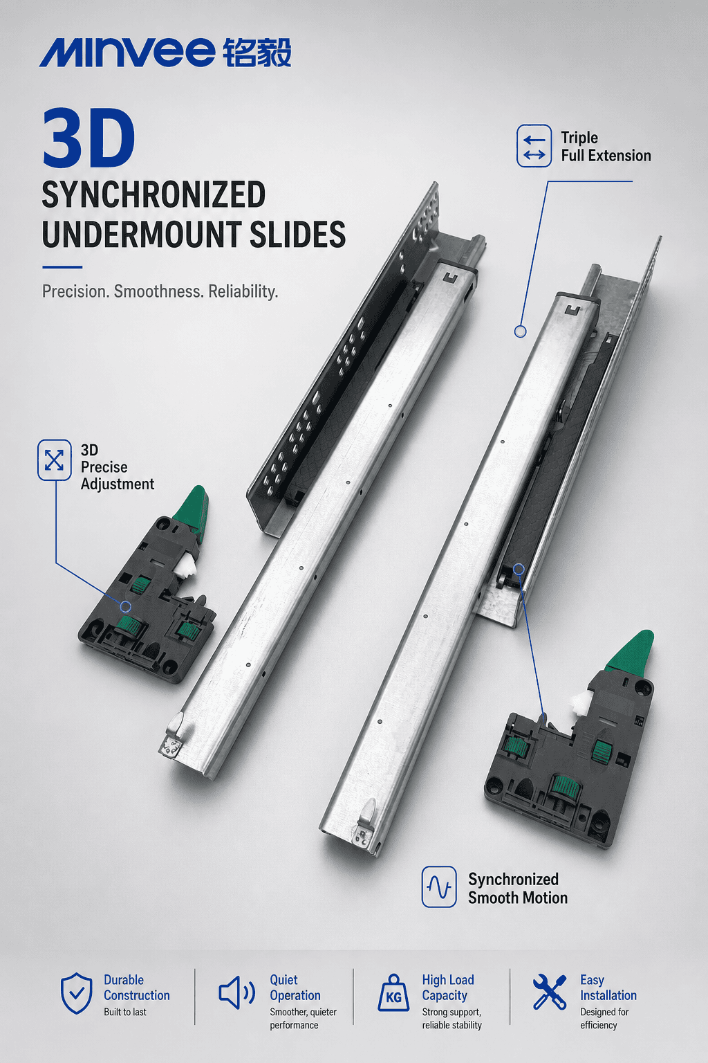 MINVEE 3D synchronized full extension undermount drawer slides